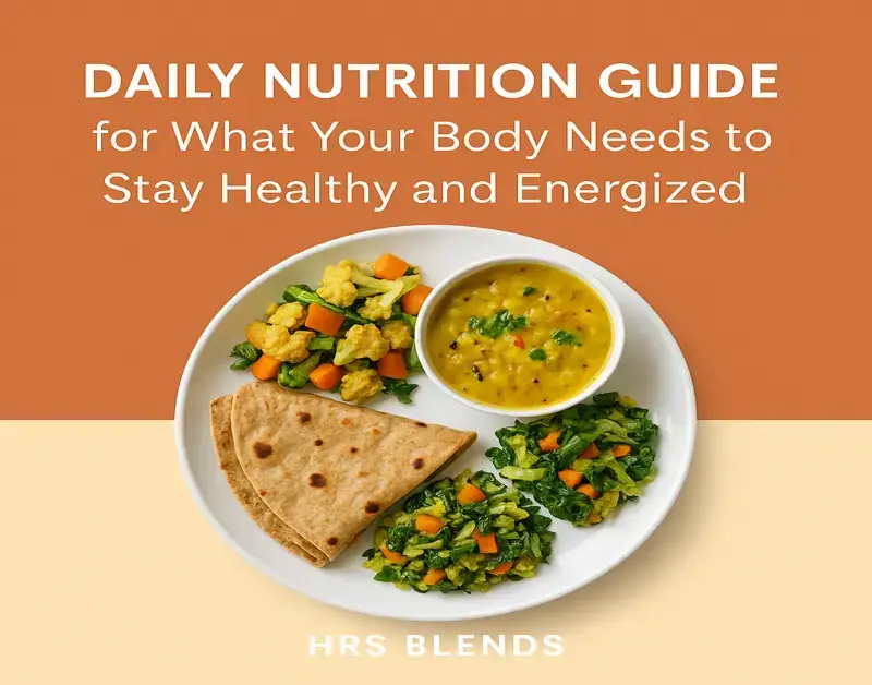 Digital illustration for daily nutrition guide with Indian food elements and wellness theme.
