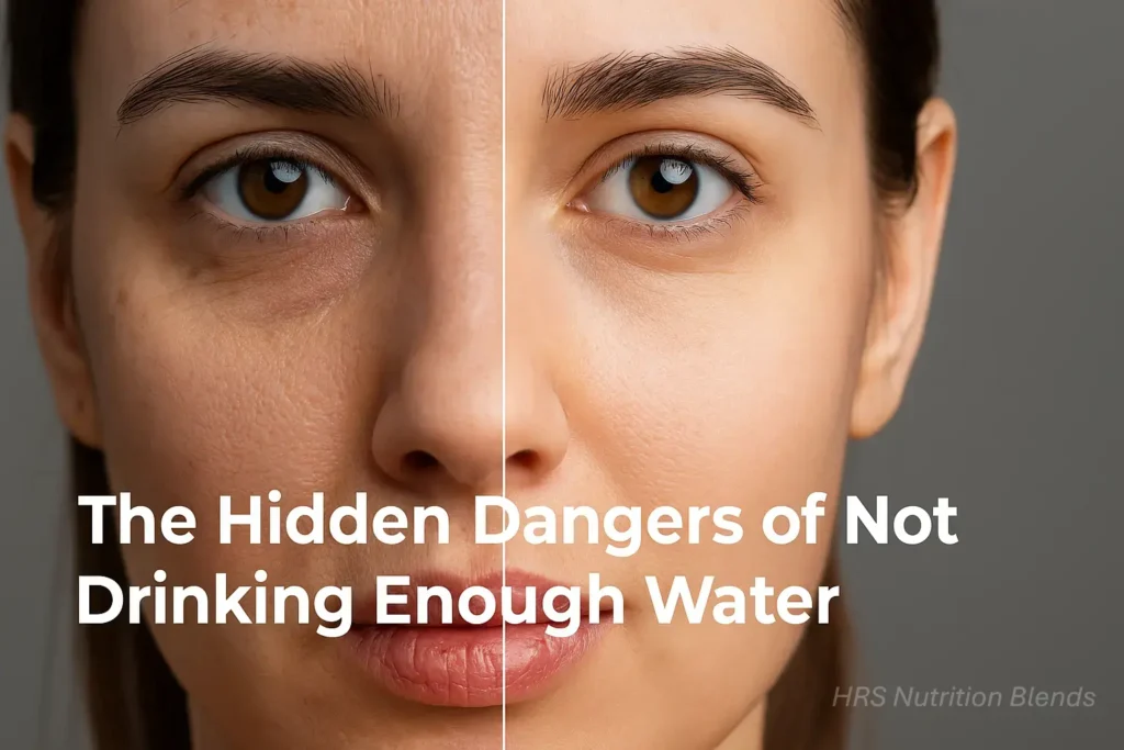 Image showing dehydration signs like dry lips and tired eyes transitioning to hydrated skin with hydration importance.