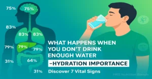 Showing water content in body organs (brain 75%, heart 73%, lungs 83%, muscles 79%, kidneys 79%, skin 64%, bones 31%) and benefits of hydration importance for health, featuring 7 vital signs of dehydration.