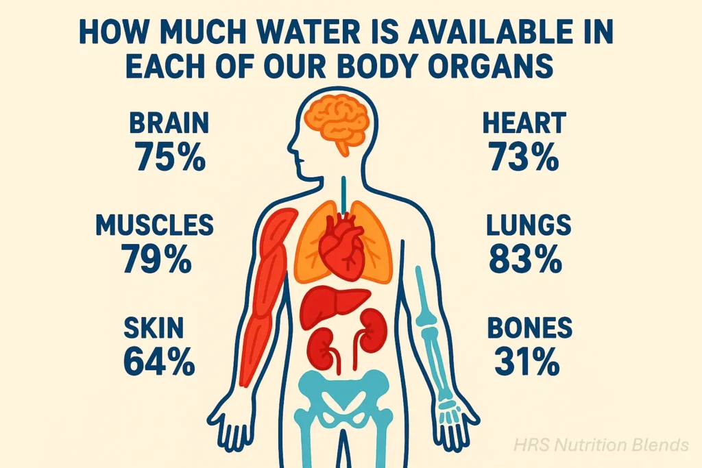 Diagram of human body organs with water percentages (brain 75%, heart 73%, lungs 83%) highlighting hydration importance.