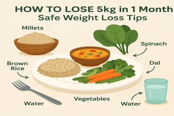Infographic of Indian foods like millets, dal, and veggies to help with how to lose 5kg in 1 month using safe weight loss tips.