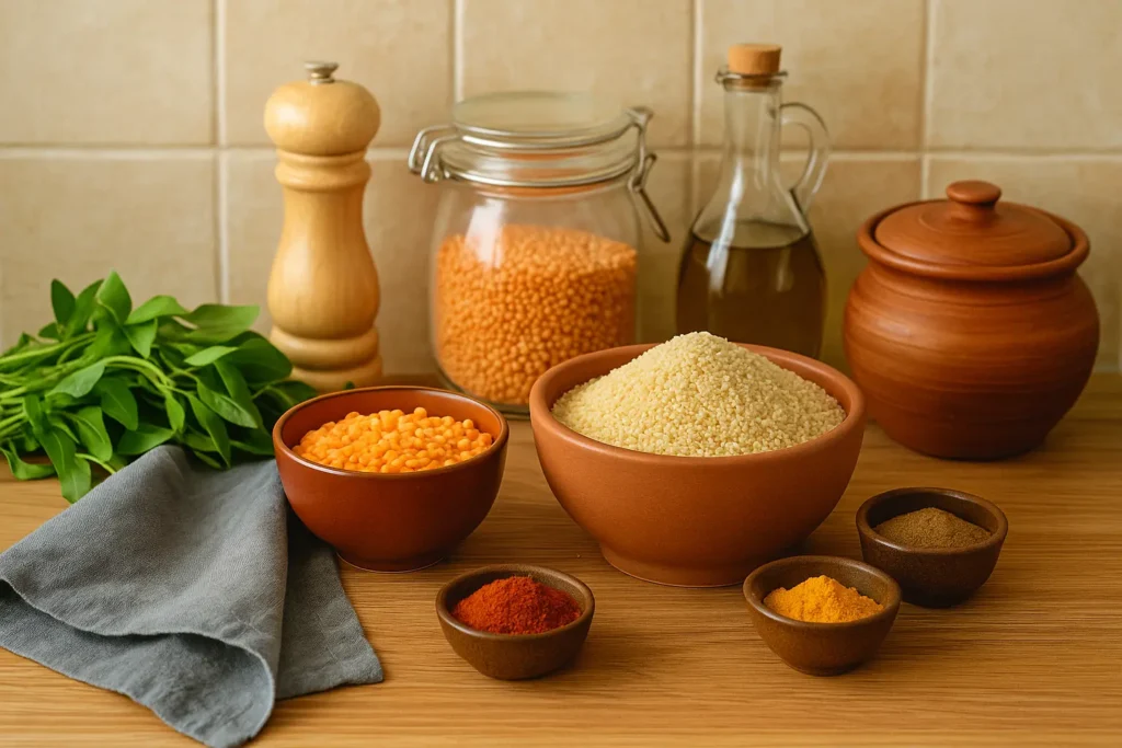 Indian kitchen setup with ingredients like millets, dal, and spices for a weight loss diet plan.