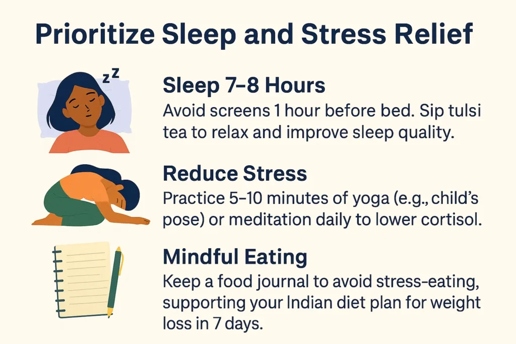 Woman sleeping and doing yoga with tips for stress relief and weight loss.