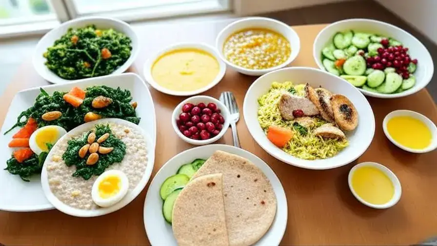 Sample Indian balanced plates featuring breakfast with sautéed spinach, ragi porridge, egg or paneer, papaya, and almonds; lunch with mixed sabzi, whole wheat rotis, moong dal or paneer bhurji, pomegranate seeds, and ghee; dinner with brown rice pulao, veggies, chicken or tofu, apple, and olive oil.