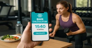 Boost metabolism with a basal metabolic rate calculator, healthy meals, and workout gear in a home gym setting.