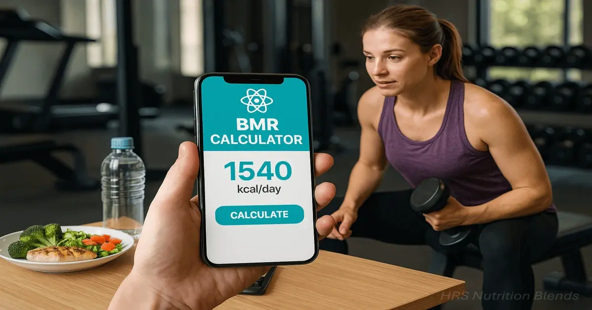 Boost metabolism with a basal metabolic rate calculator, healthy meals, and workout gear in a home gym setting.