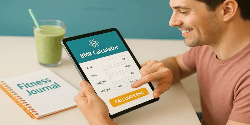 Person using tablet to calculate BMR with app for instant daily calorie results