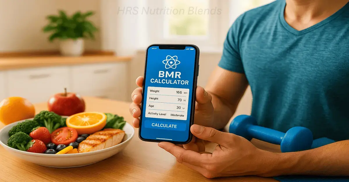 Person using a smartphone to calculate BMR with healthy meal and fitness gear for daily calorie needs