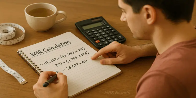 Person manually calculating BMR with notepad and calculator for health tracking