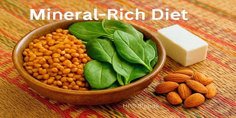A bowl with lentils, spinach, paneer, and almonds, mineral-rich foods rich in vitamins and minerals.