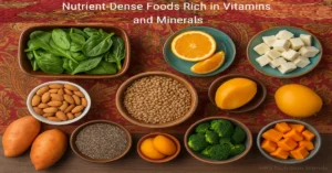 A vibrant table spread with 10 nutrient-dense foods rich in vitamins and minerals like spinach and lentils.
