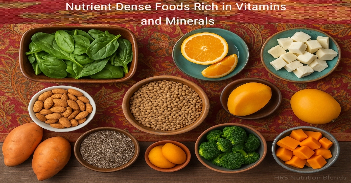 A vibrant table spread with 10 nutrient-dense foods rich in vitamins and minerals like spinach and lentils.