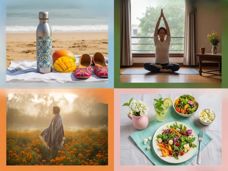 Seasonal collage for morning habits for weight loss with water and yoga.