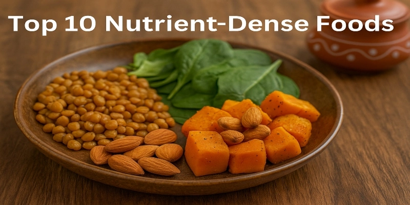 A close-up of a plate with spinach, lentils, and sweet potatoes, nutrient-dense foods rich in vitamins and minerals.