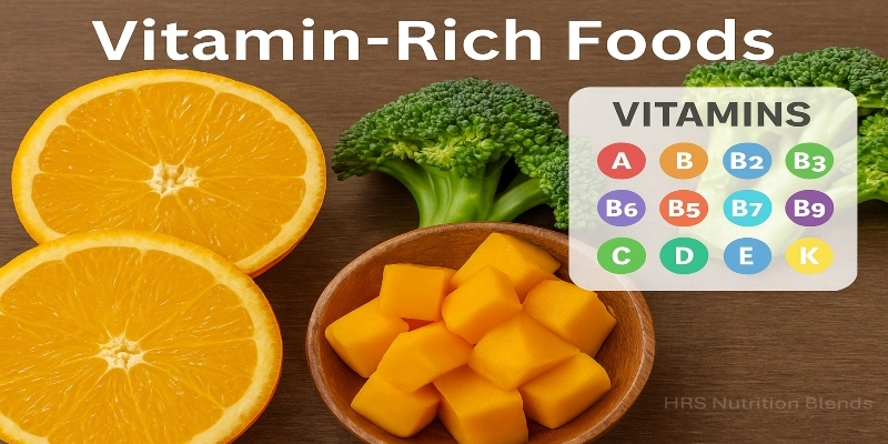 Bright display of oranges, broccoli, and mangoes, vitamin-rich foods rich in vitamins and minerals.