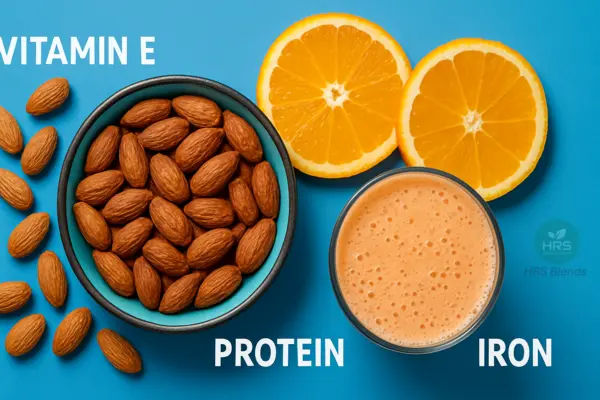 flat lay of raw and roasted almonds with orange slices and smoothie on blue background, rich in vitamin E, protein, and iron