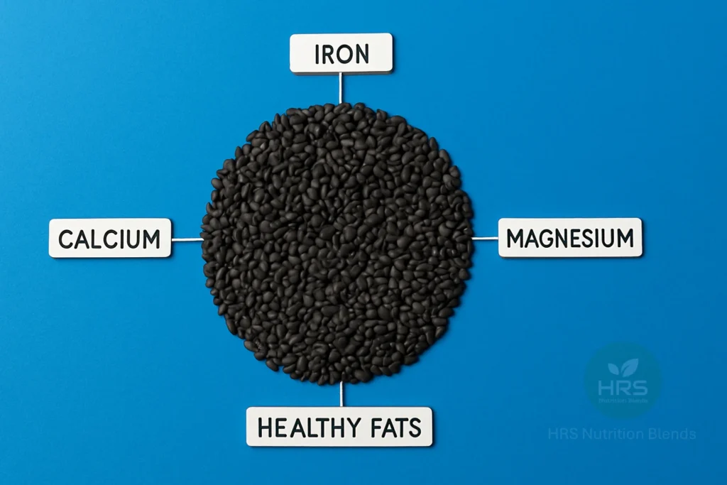 Overhead view of black sesame seeds arranged in a circular pattern with labeled nutrient tags : iron, calcium, magnesium, and healthy fats on a vivid blue background for an iron-rich foods blog.