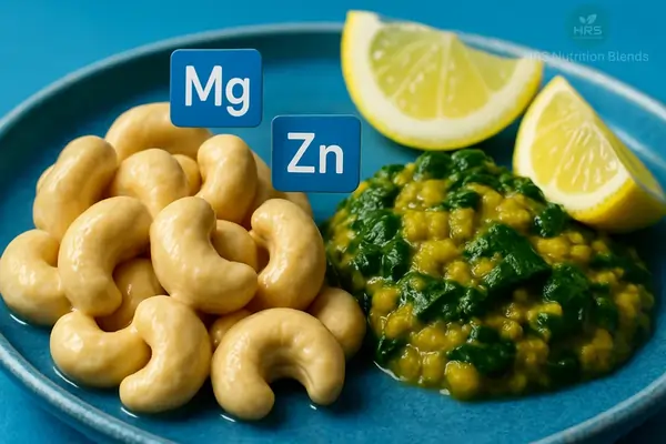 close-up macro of creamy cashew nuts on plate with spinach dal and lemon wedges in bright blue kitchen setting, rich in magnesium and zinc