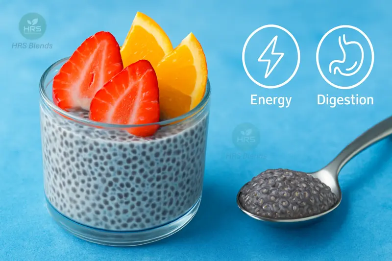 close-up of chia seed pudding with strawberries and orange slices on blue background