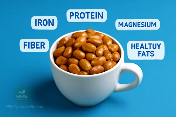 cup of roasted peanuts with iron protein magnesium fiber nutrients.