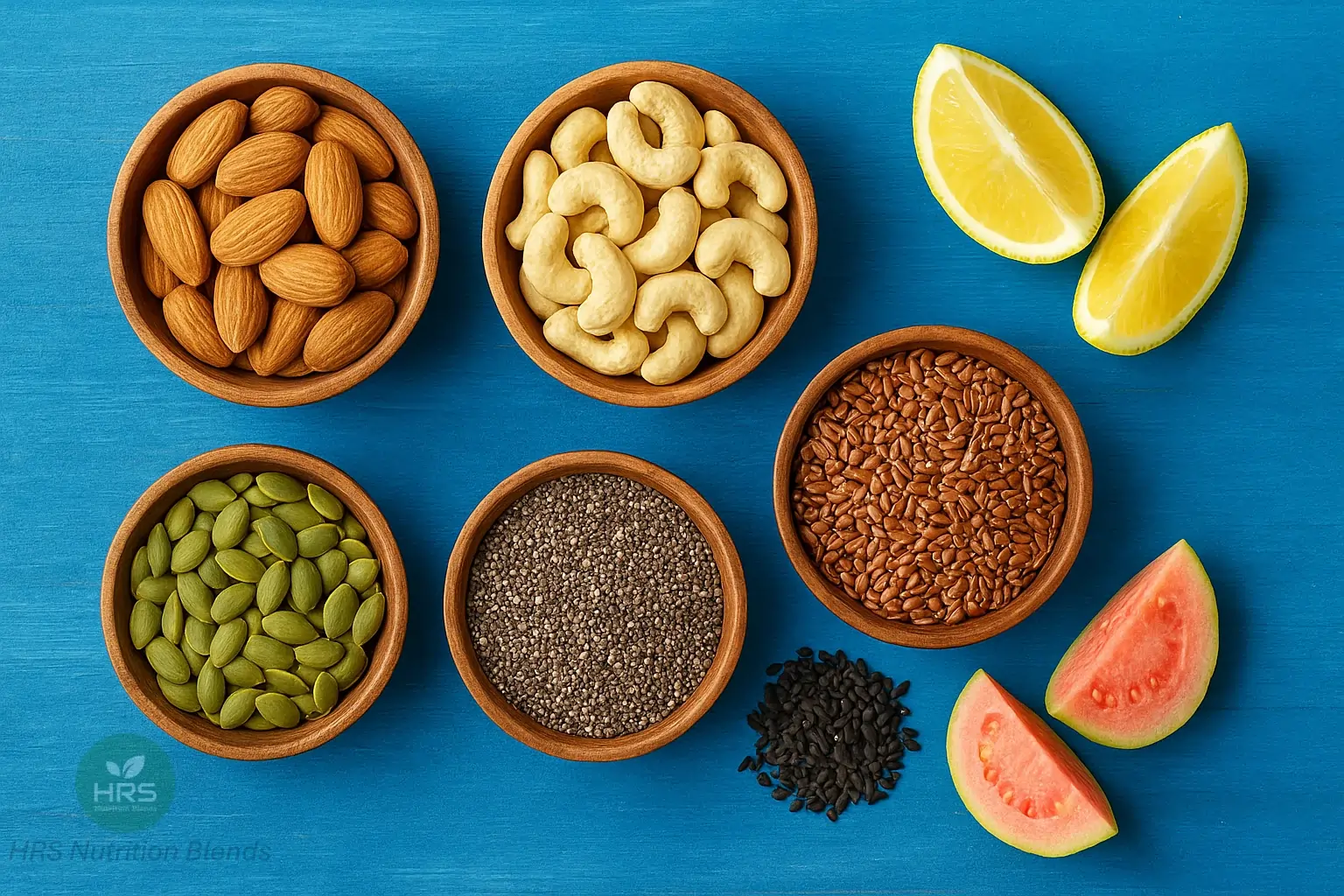 Flat-lay of assorted Indian iron rich nuts and seeds (almonds, cashews, pumpkin seeds, chia seeds, flaxseeds, black sesame) in wooden bowls with lemon slices and guava for Vitamin C pairing on a rustic blue background.
