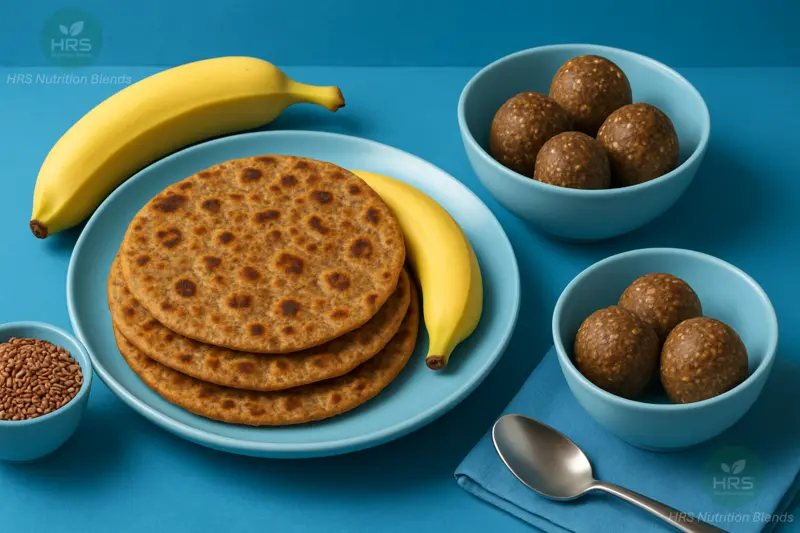 Indian breakfast with flaxseed banana roti, flaxseed laddus, and raw flaxseeds on blue background.