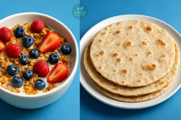 Fortified cereal with milk and fruits next to chapatis made from fortified wheat flour