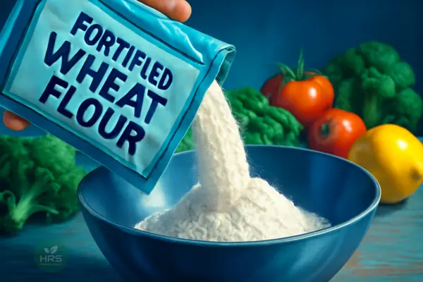 Fortified wheat flour being poured into a bowl with vegetables and lemon.