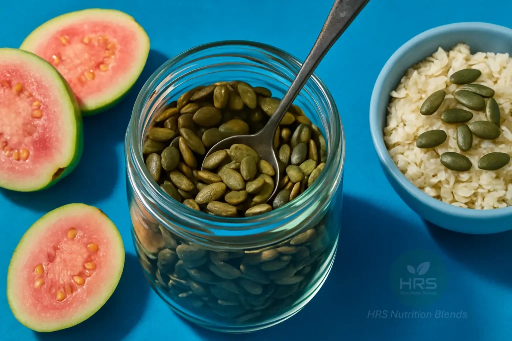 Macro of roasted pumpkin seeds in jar with guava slices and poha on blue table.