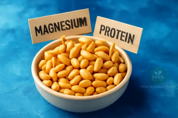 Small bowl of roasted golden pine nuts with magnesium and protein labels.