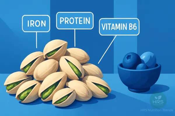 pistachios pile with iron protein vitamin b6 tags next to fruit bowl