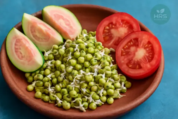 Sprouted moong beans on clay plate with guava and tomato slices for vitamin C pairing.