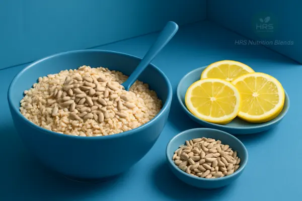 Sunflower seeds on oats with lemon slices on blue kitchen table.