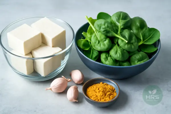 Raw tofu, spinach leaves, garlic cloves, and turmeric powder arranged for cooking.