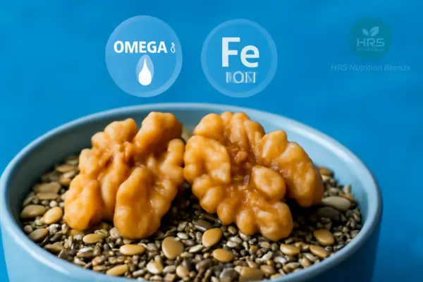 Macro photo of walnut halves on breakfast bowl with seeds, omega-3 and iron icons