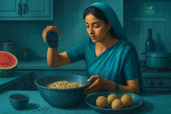 Watermelon seeds being mixed into Indian dessert laddus in a traditional kitchen setting.